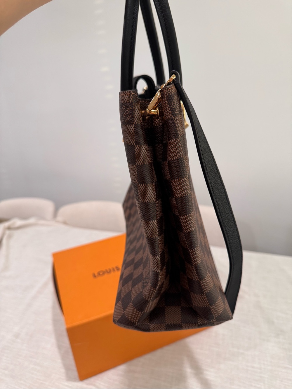 Louis Vuitton Brown Damier Ebene Canvas Tote with Black Trim and Yellow LV Charm - Picture 7 of 15